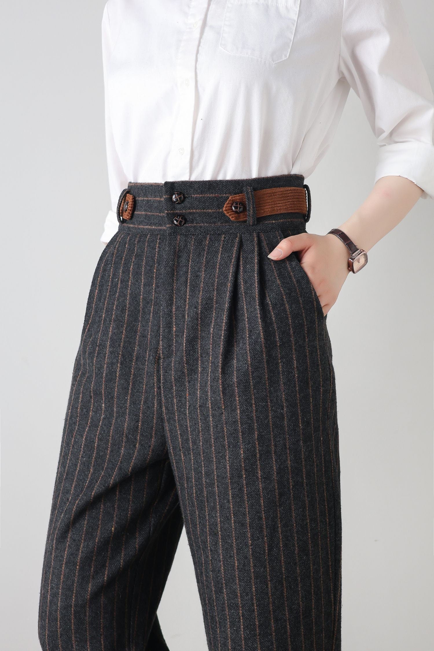Striped Wool Wide Leg High Waist Pants