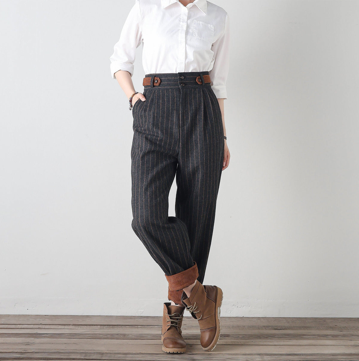 Striped Wool Wide Leg High Waist Pants