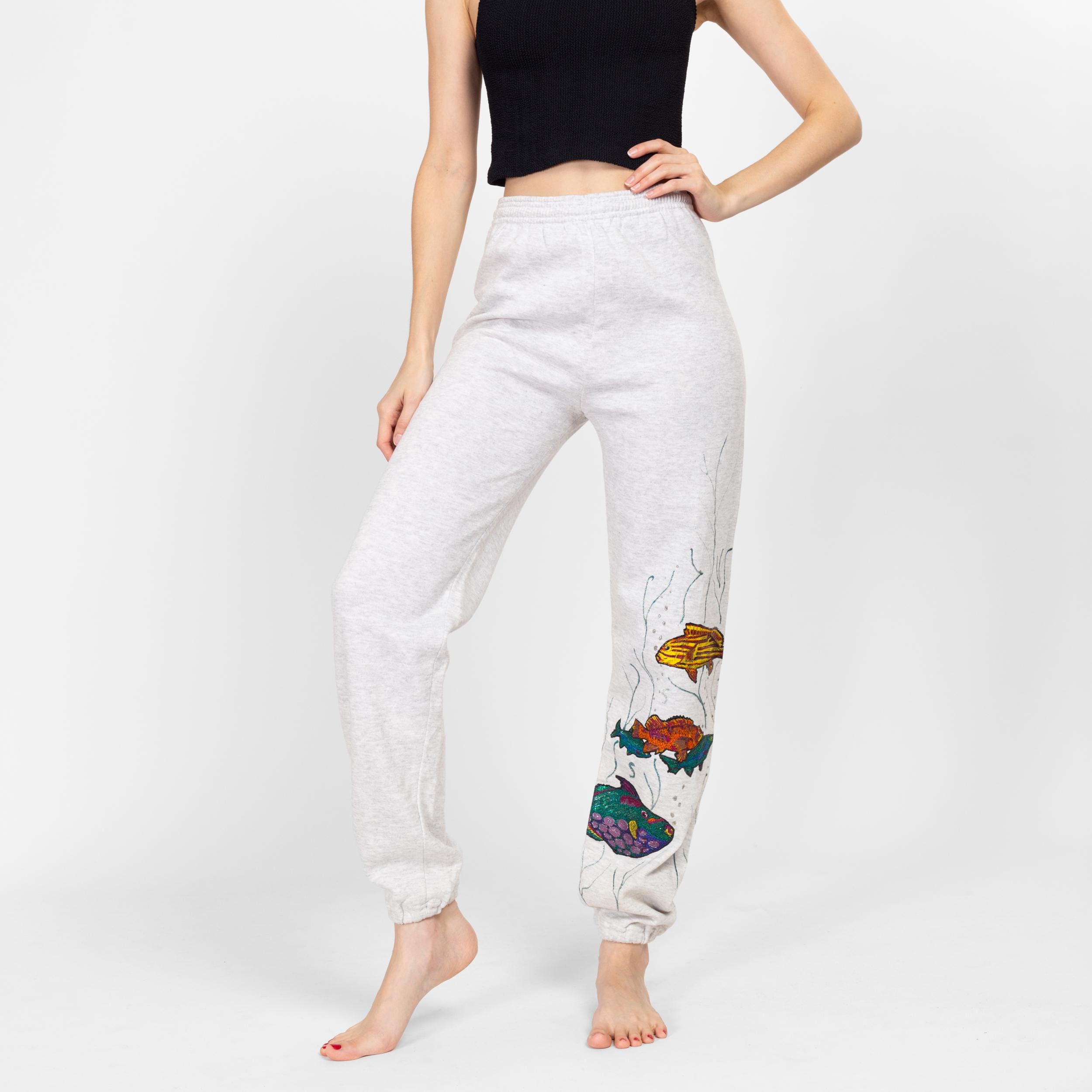 Vintage Heather Grey Jogger Sweatpants with Fish Appliques
