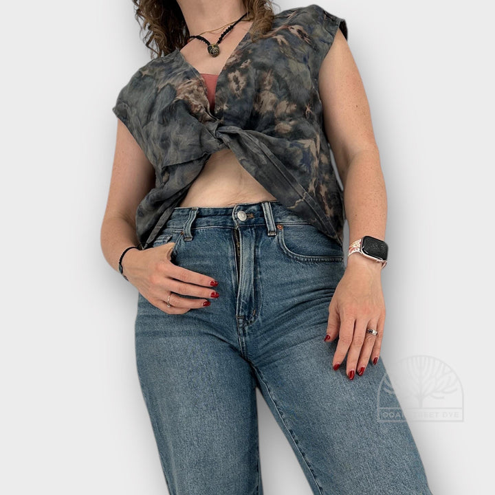 Tie Dye Linen Crop Top, Cross Front Tank (Size L)