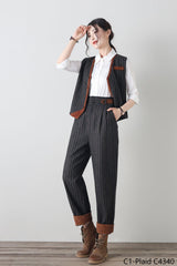 Striped Wool Wide Leg High Waist Pants