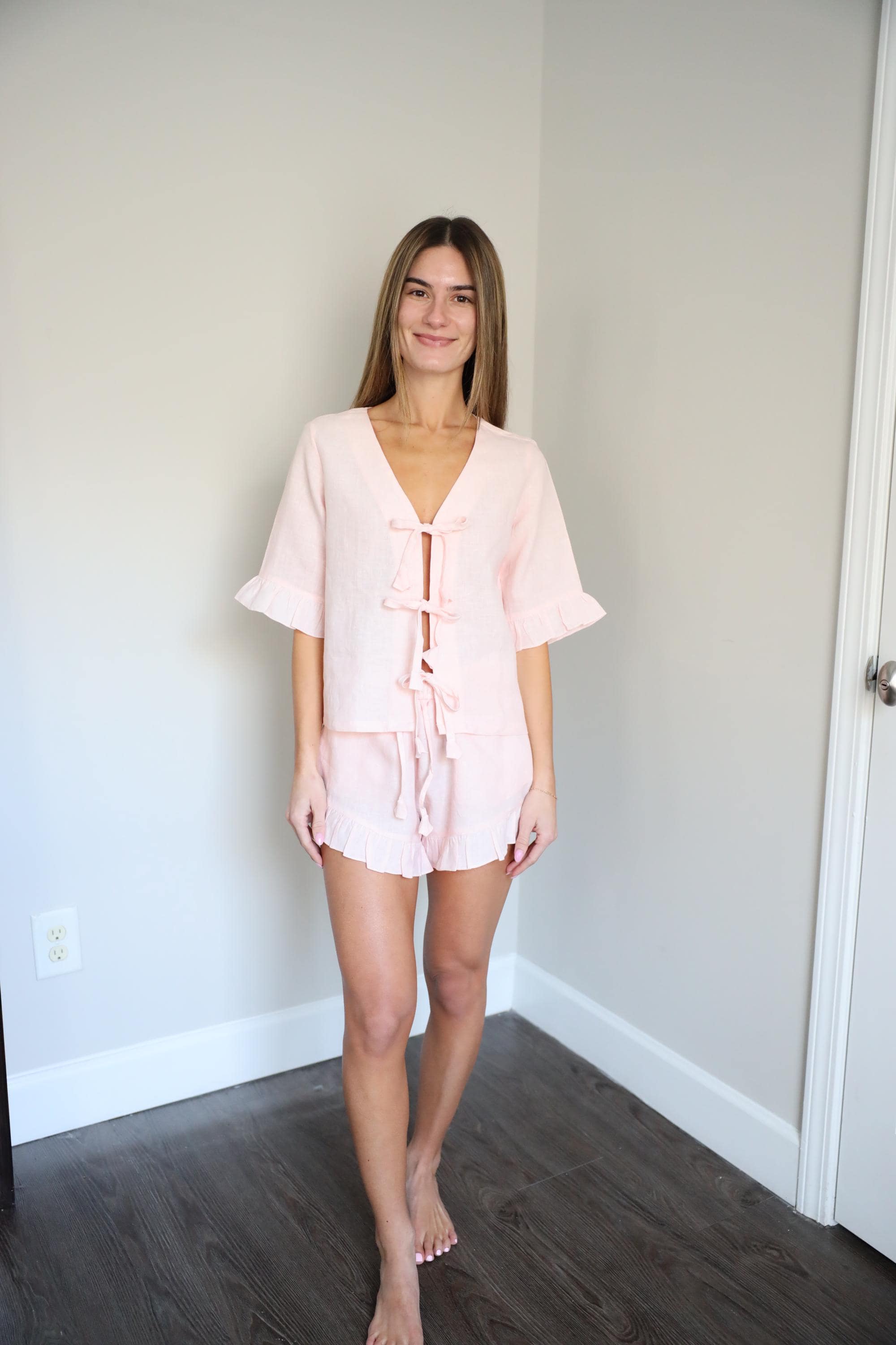 Linen Espresso Tie Front Ruffled PJ Sets
