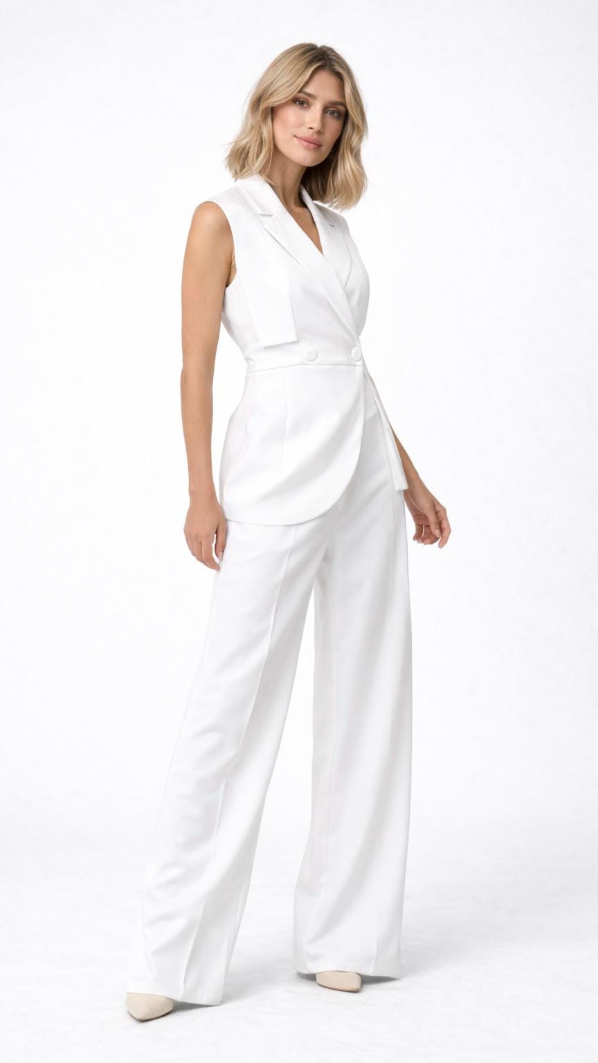 Elegant sleeveless pantsuit with tailored vest, wide leg trousers, minimalist office outfit, chic formal matching set for women