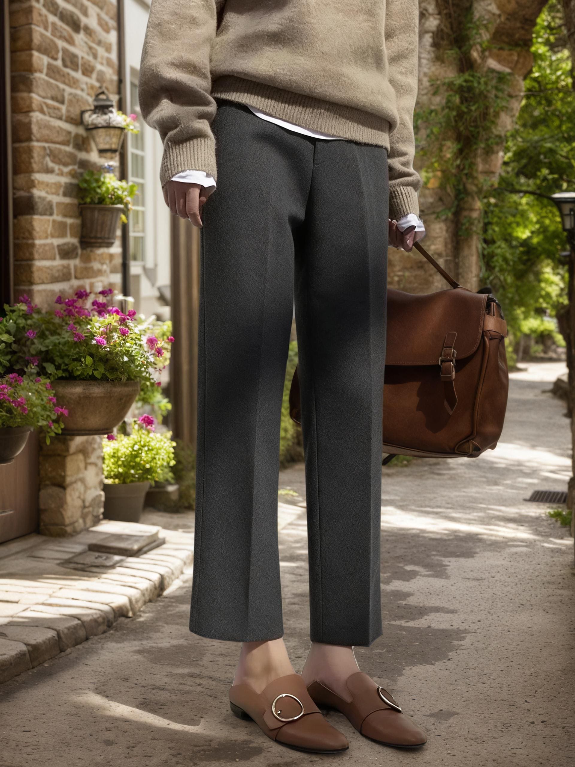 High-Waist Heavyweight Wool Cropped Pants for Women, Tailored Slim Fit Tapered Leg Trousers