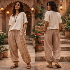 Boho Cotton Pants, Hand Block Print Harem Pants, Unisex Hippie Trousers, Elastic Waist Bohemian Pants, Festival Yoga Travel Wear
