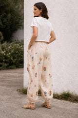 Beige Boho Harem Pants for Women, Floral Print, Elastic Waist, Relaxed Summer Outfit