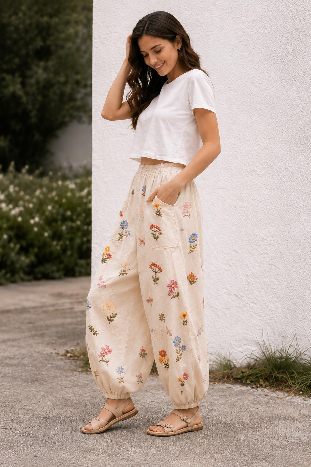 Beige Boho Harem Pants for Women, Floral Print, Elastic Waist, Relaxed Summer Outfit