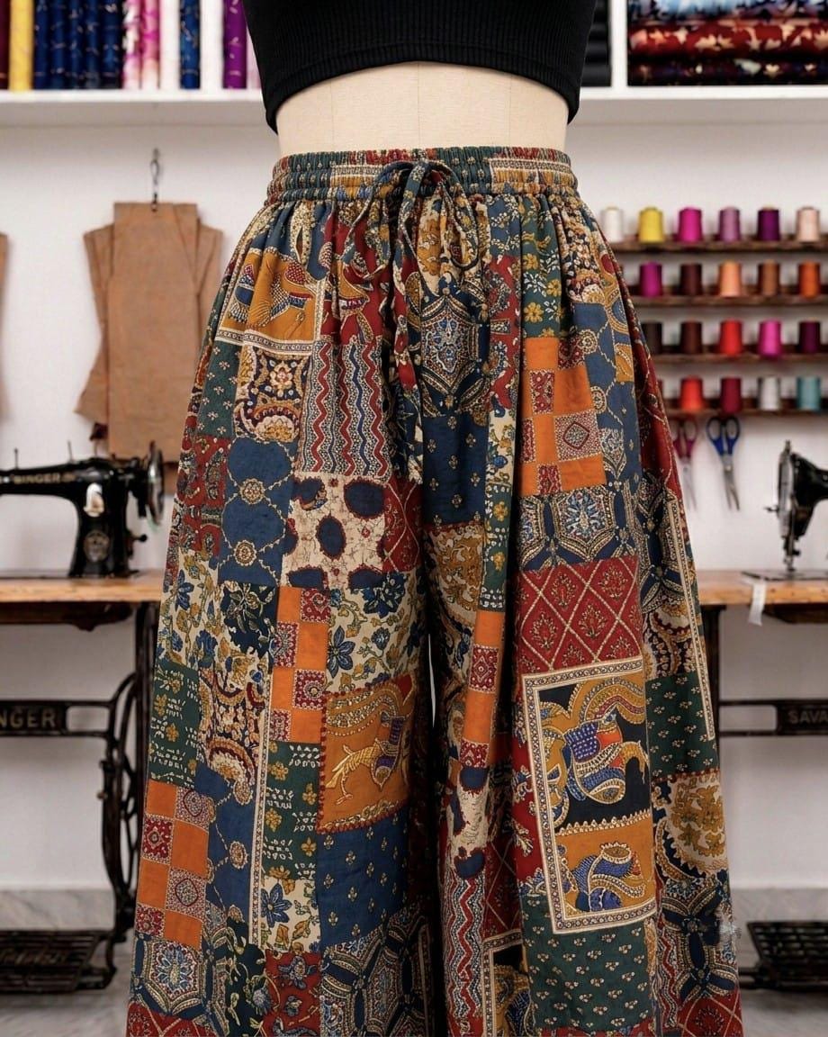 Women's Abstract Printed Flared Ethnic Cotton Palazzo Pant with Elasticated Waistband