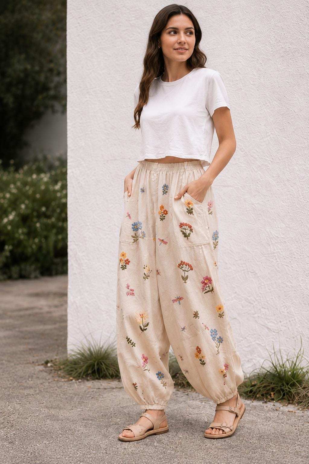 Beige Boho Harem Pants for Women, Floral Print, Elastic Waist, Relaxed Summer Outfit