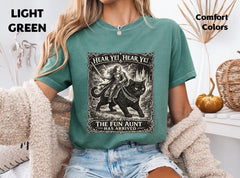 Comfort Colors Fun Aunt Knight Riding Black Cat T-Shirt, Hear Ye Fun Aunt Has Arrived Sweatshirt, Funny Auntie Cat Meme T-Shirt
