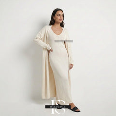 Women's Cotton Knit Two Piece Set | Cardigan Dress and Cardigan Set | Knitted Maxi Dress Set | Cotton Knit Co-Ord Set