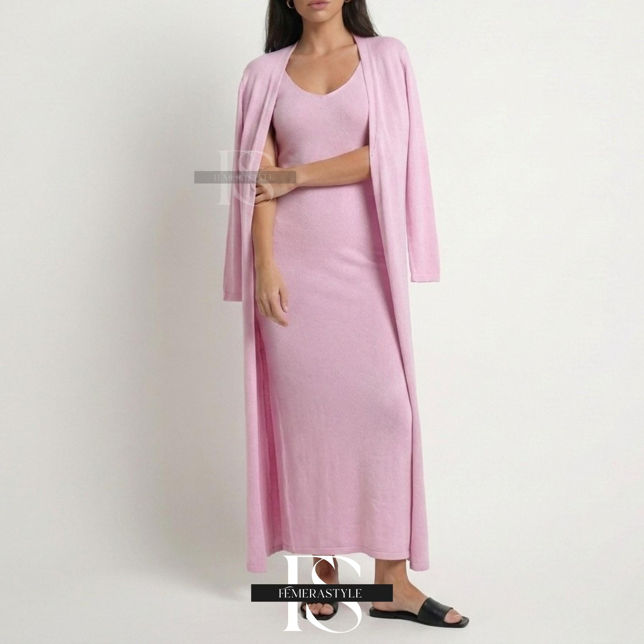 Women's Cotton Knit Two Piece Set | Cardigan Dress and Cardigan Set | Knitted Maxi Dress Set | Cotton Knit Co-Ord Set