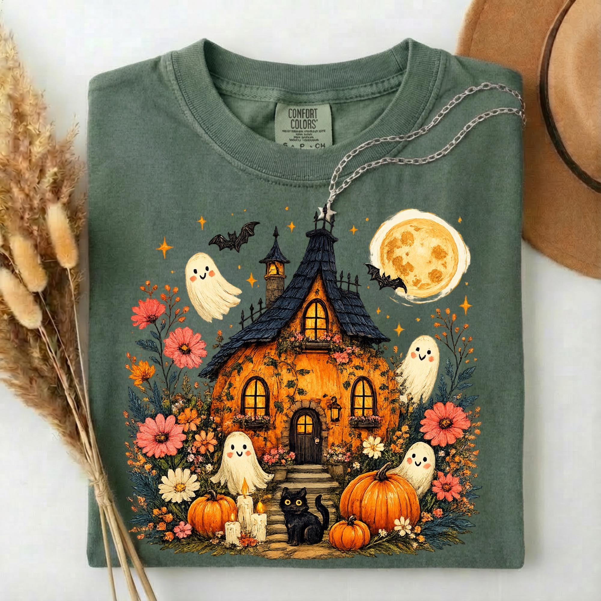 Comfort Colors Cute Halloween Haunted House Shirt, Ghost Pumpkin Cottage Tee, Spooky Cottagecore Halloween Shirt, Fall Gift for Women
