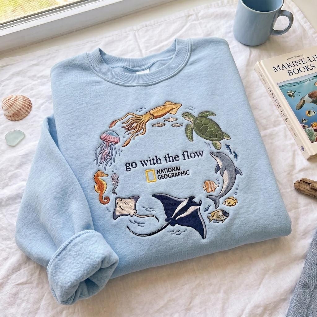 Embroidered Sweatshirt with Ocean and Marine Animal Design