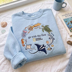 Embroidered Sweatshirt with Ocean and Marine Animal Design