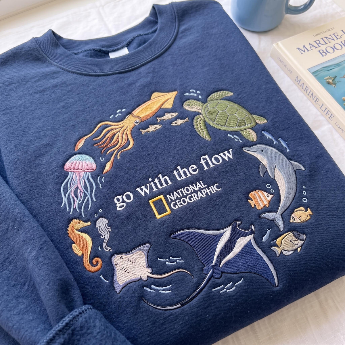 Embroidered Sweatshirt with Ocean and Marine Animal Design