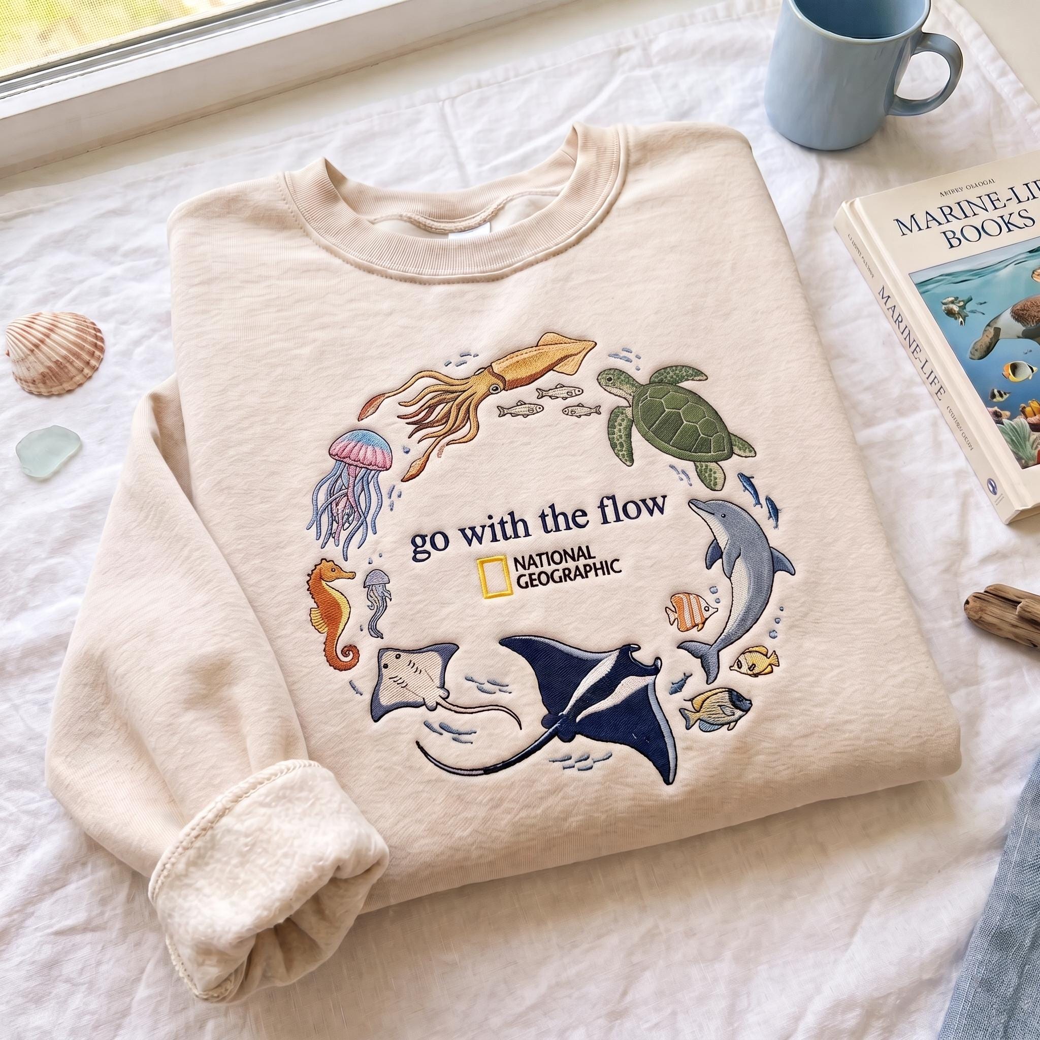 Embroidered Sweatshirt with Ocean and Marine Animal Design