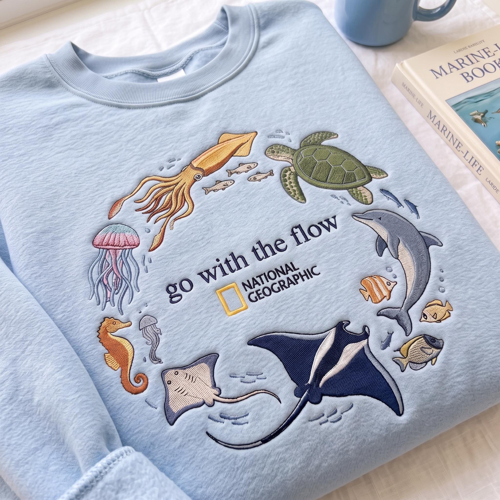 Embroidered Sweatshirt with Ocean and Marine Animal Design