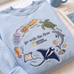 Embroidered Sweatshirt with Ocean and Marine Animal Design