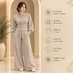 Women’s Knit Loungewear Set | Zipper Cardigan & Wide Leg Pants | Cozy Two Piece Outfit