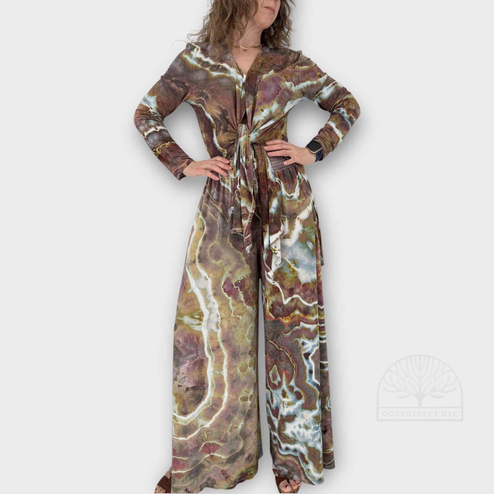 Ice Dye Bamboo Two-Piece Set: Tie-Front Cardigan and Wide-Leg Palazzo Pants, Size L