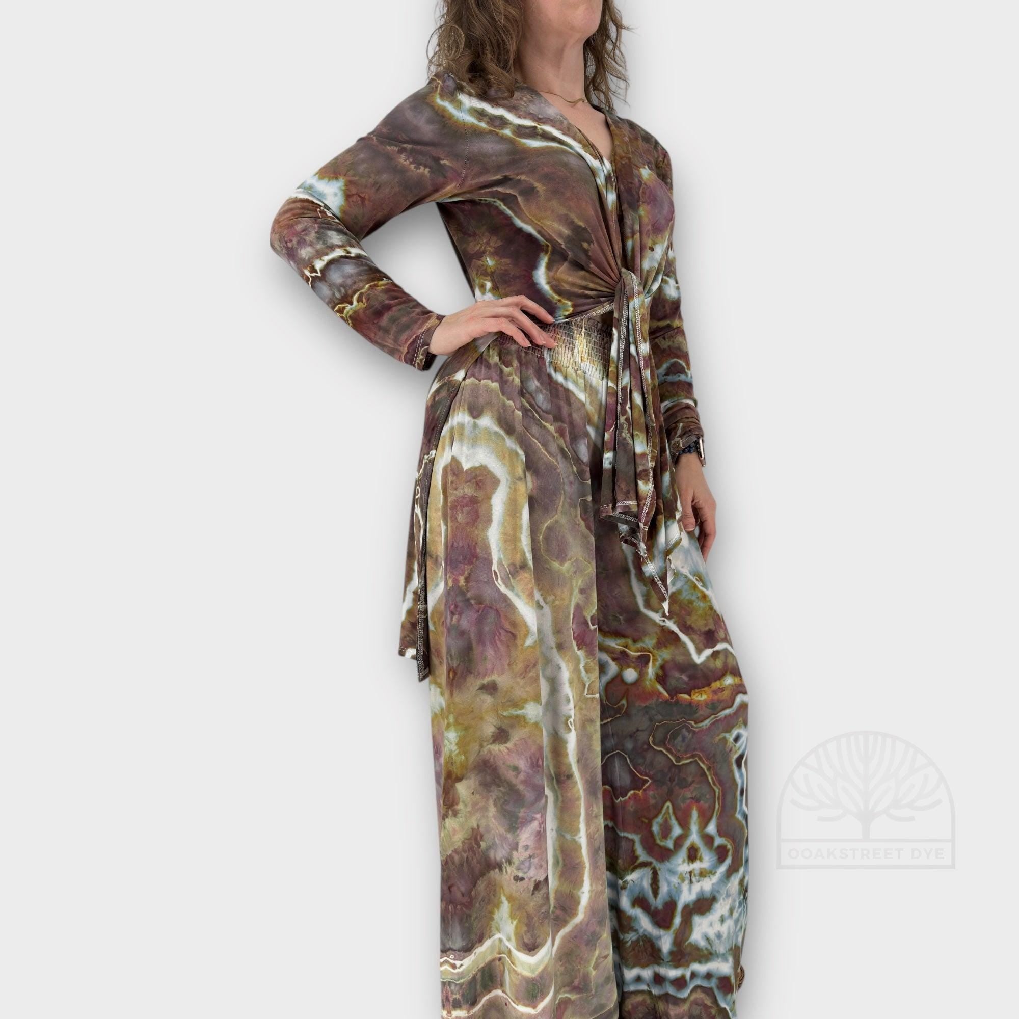 Ice Dye Bamboo Two-Piece Set: Tie-Front Cardigan and Wide-Leg Palazzo Pants, Size L