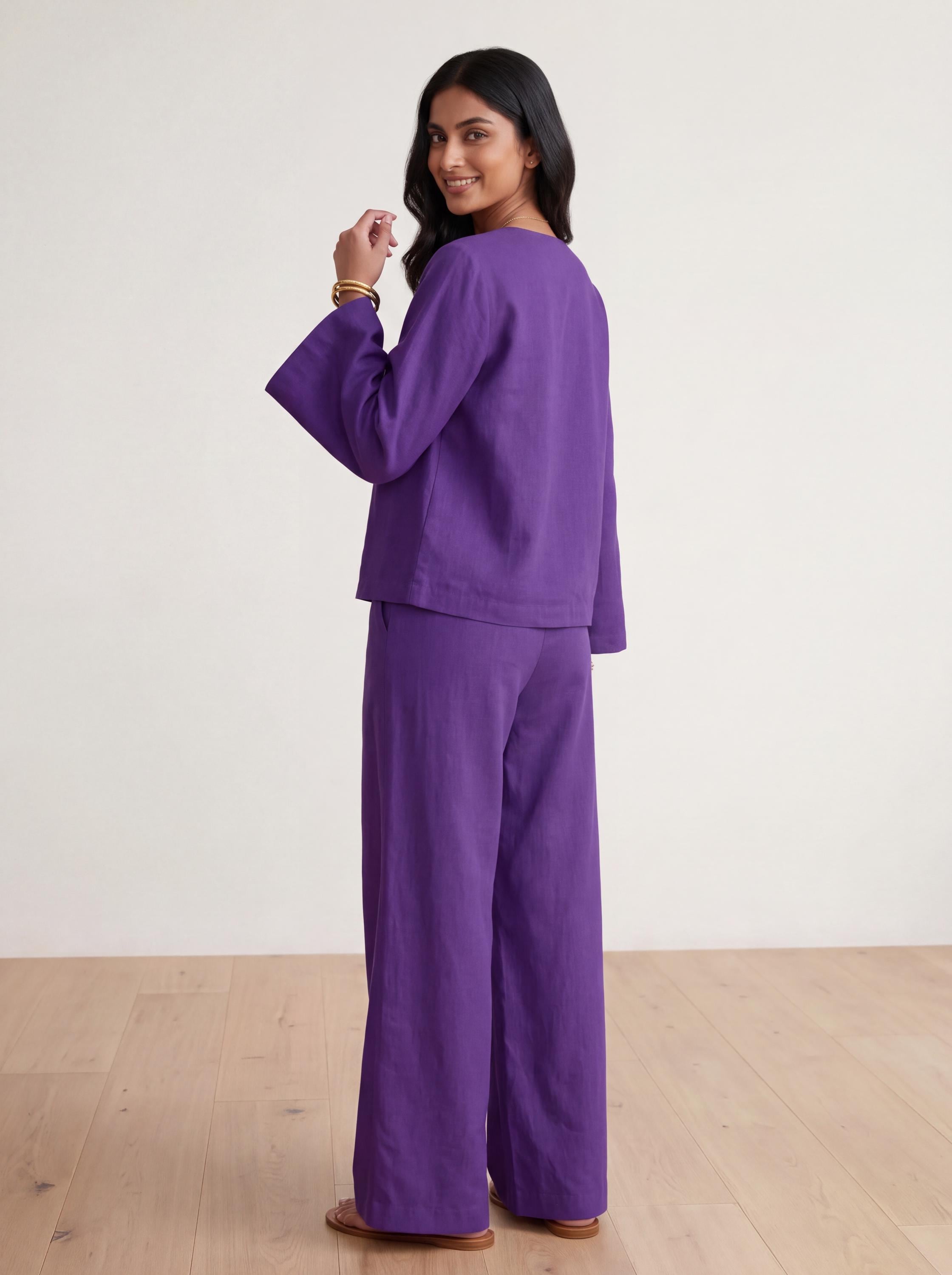 Purple Cotton Poplin Co Ord Set for Women, V Neck Top and Wide Leg Pants, Two Piece Matching Set, Relaxed Lounge Set, Minimalist Outfit