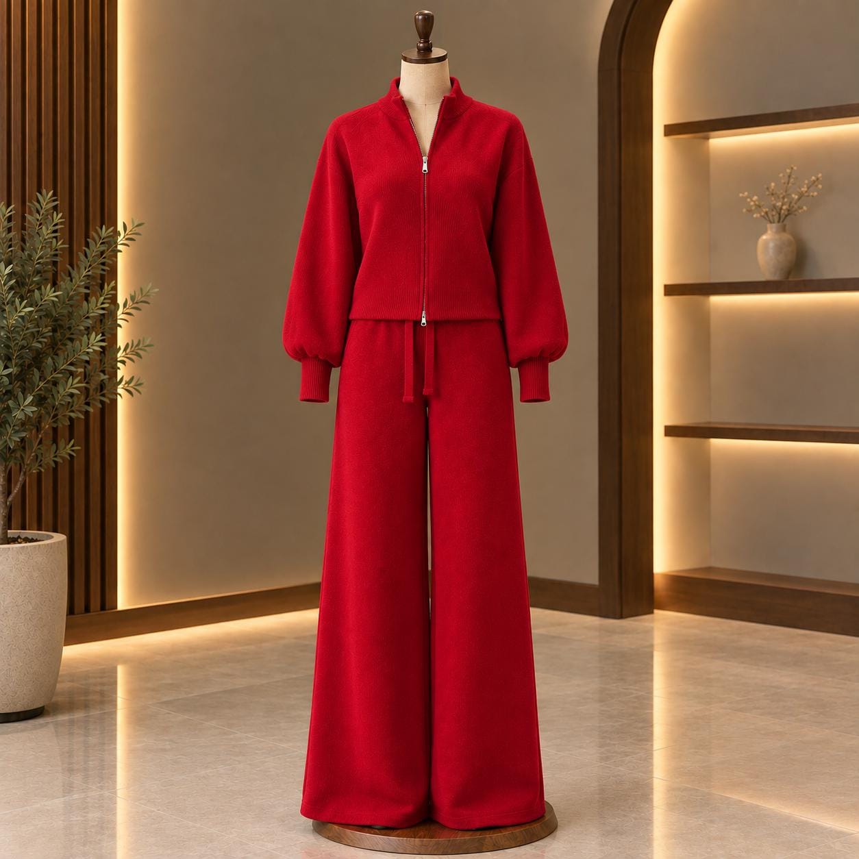 Women’s Knit Loungewear Set | Zipper Cardigan & Wide Leg Pants | Cozy Two Piece Outfit