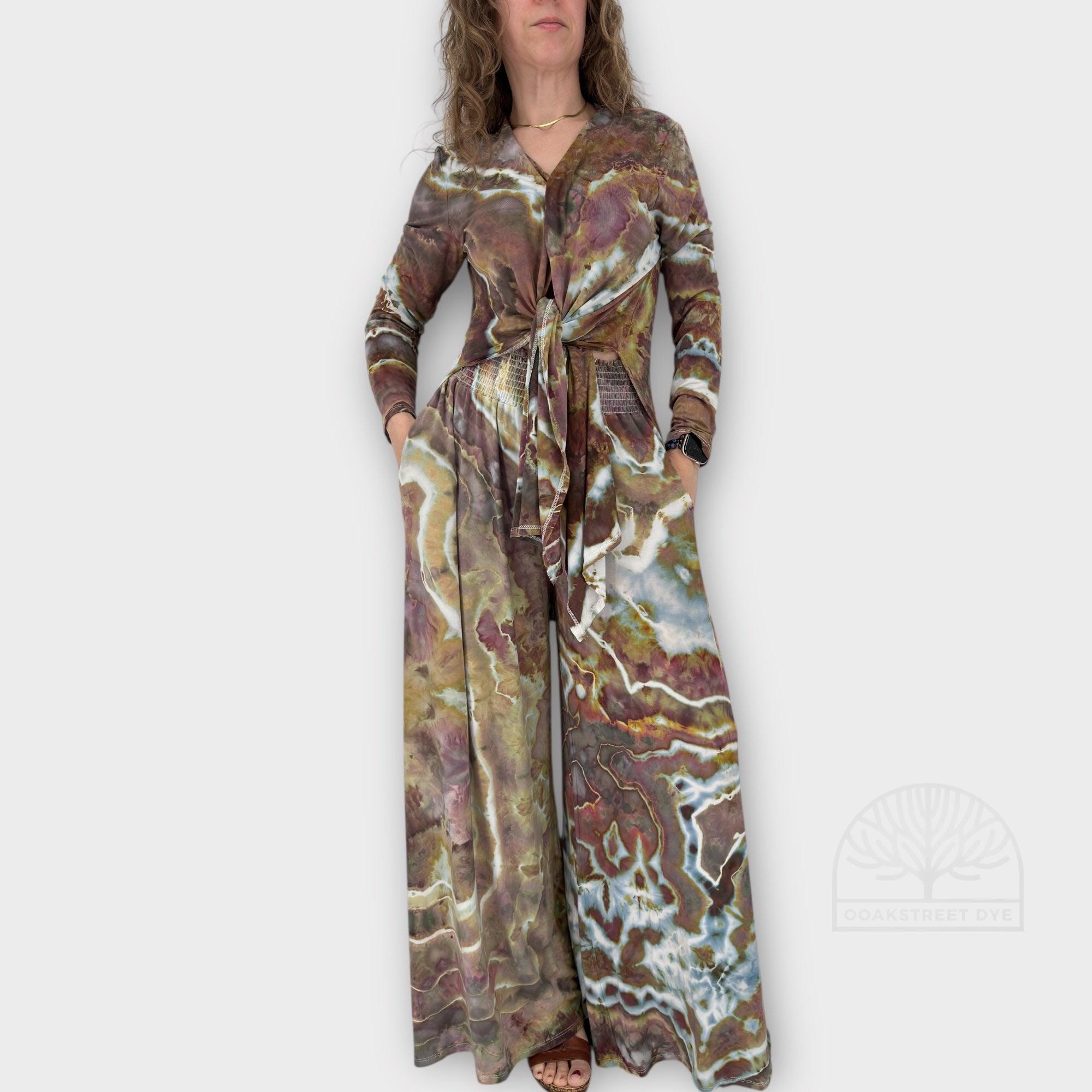 Ice Dye Bamboo Two-Piece Set: Tie-Front Cardigan and Wide-Leg Palazzo Pants, Size L