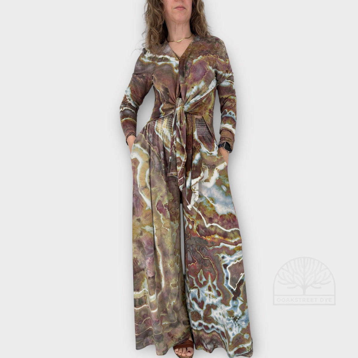 Ice Dye Bamboo Two-Piece Set: Tie-Front Cardigan and Wide-Leg Palazzo Pants, Size L