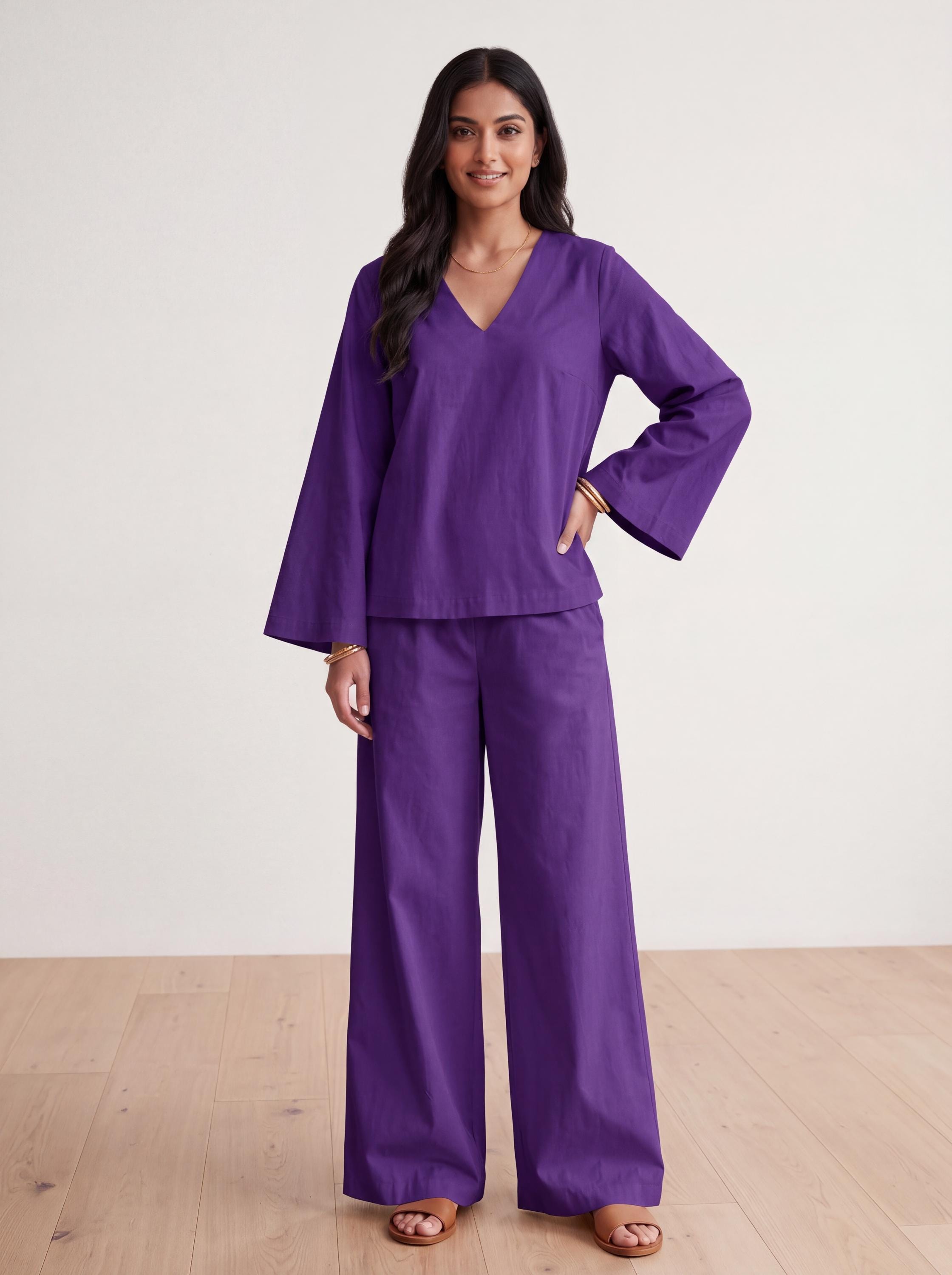 Purple Cotton Poplin Co Ord Set for Women, V Neck Top and Wide Leg Pants, Two Piece Matching Set, Relaxed Lounge Set, Minimalist Outfit