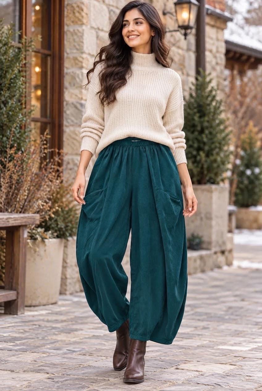 Italian Cotton Corduroy Wide Leg Trousers – Relaxed Fit, Side Pockets (One Size)