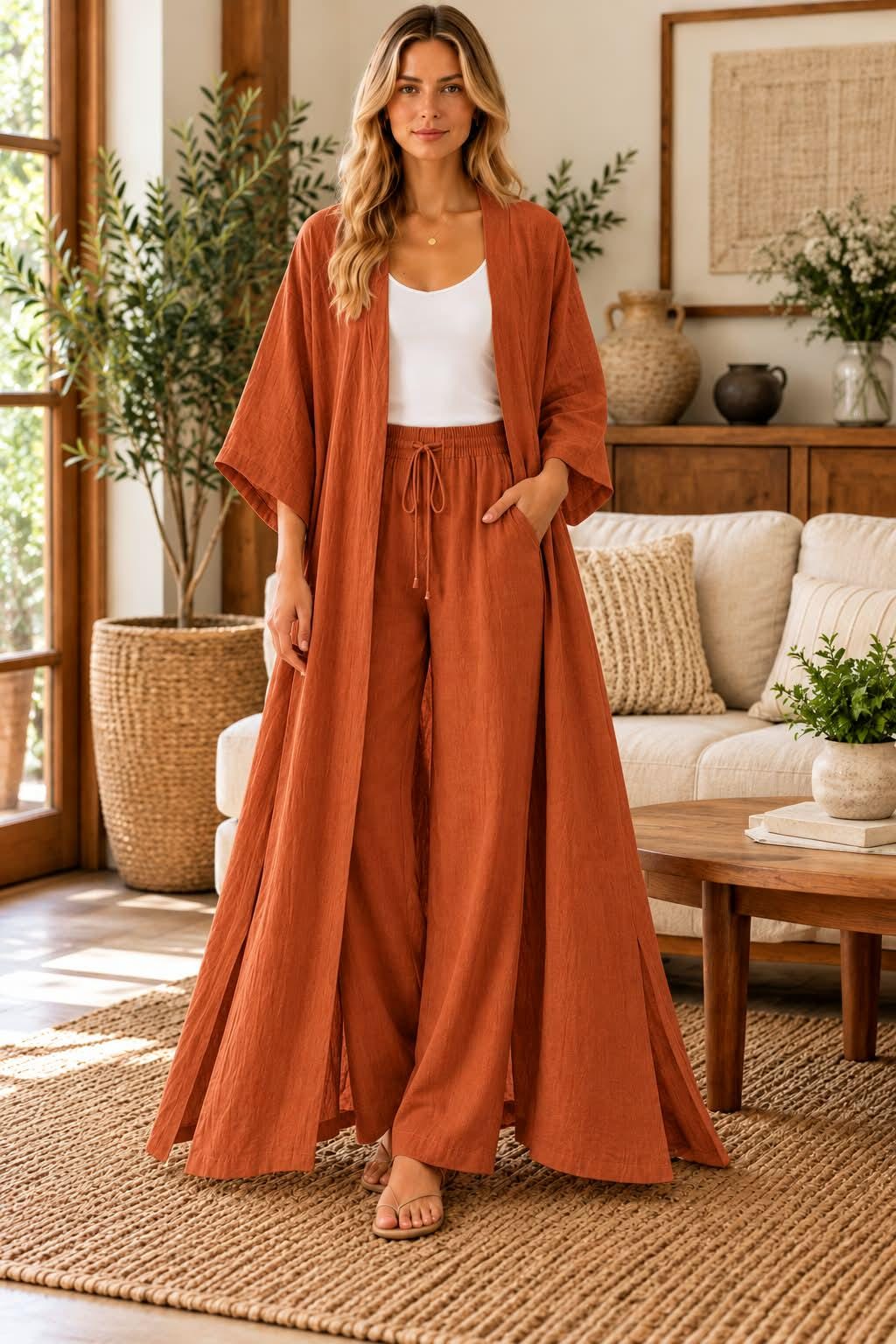 Boho Kimono Pant Set Women, Wide Leg Palazzo Pants, Two Piece Matching Outfit, Summer Vacation Resort Wear