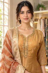 Golden Ochre Crush Tissue 3-Piece Suit Set with Handwork Kurta and Floral Dupatta