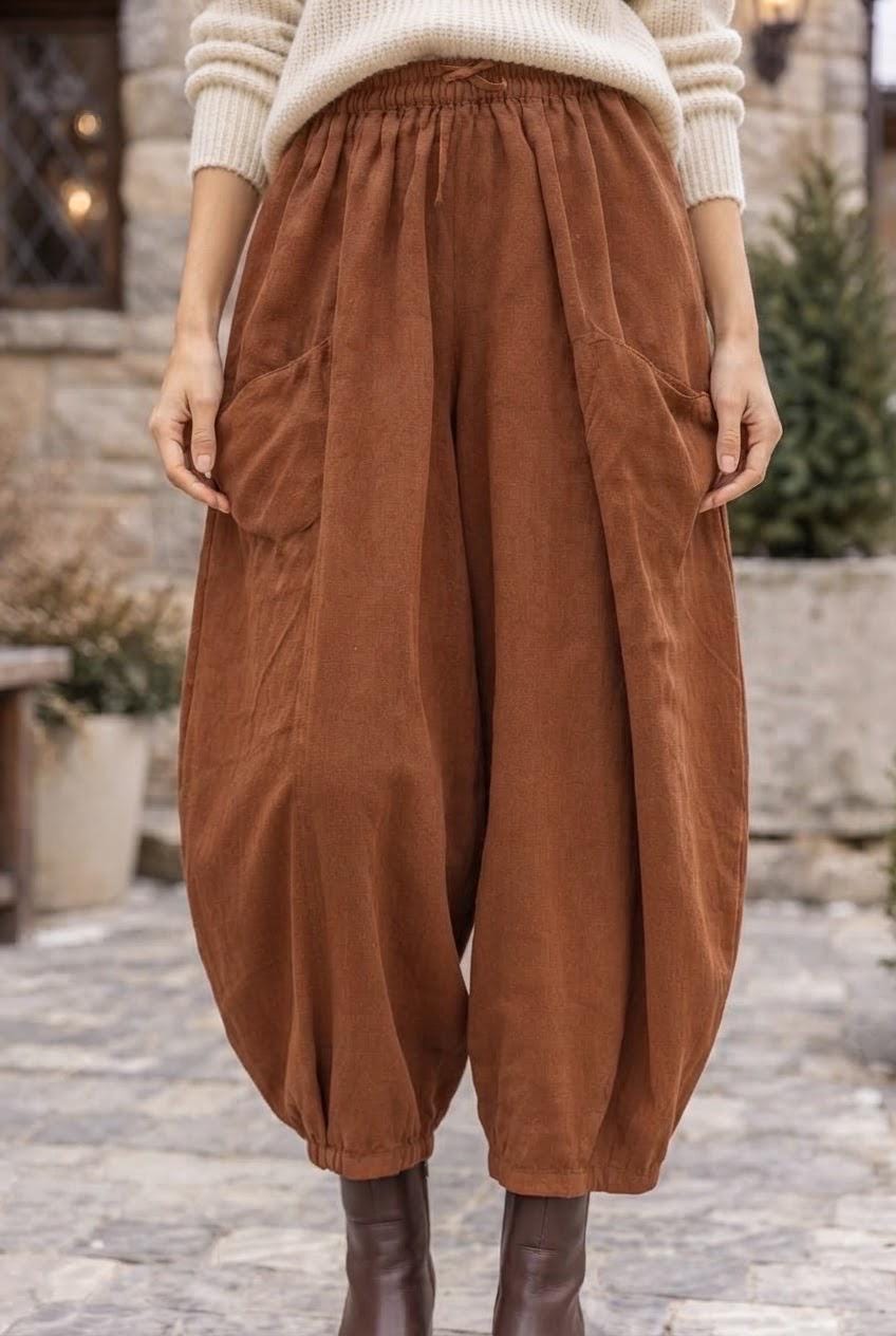 Italian Cotton Corduroy Wide Leg Trousers – Relaxed Fit, Side Pockets (One Size)