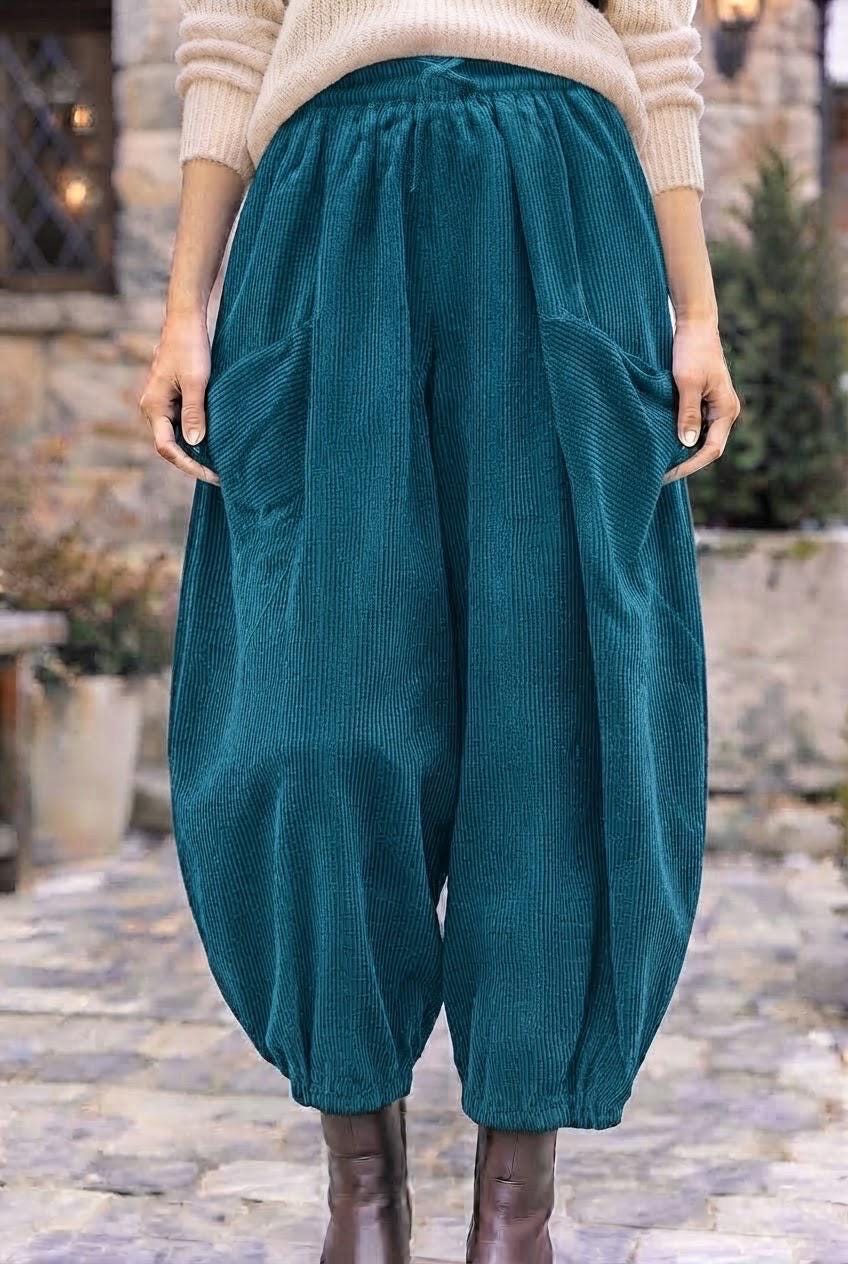 Italian Cotton Corduroy Wide Leg Trousers – Relaxed Fit, Side Pockets (One Size)
