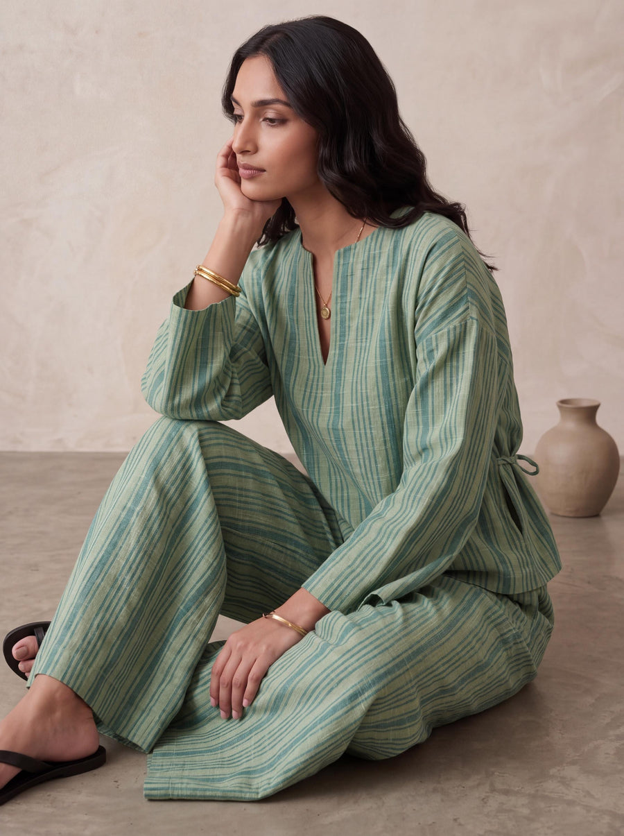 Striped Cotton Co Ord Set Women, Wide Leg Pants Set, Cotton Two Piece Outfit, Relaxed Matching Set, Long Sleeve Top and Trousers