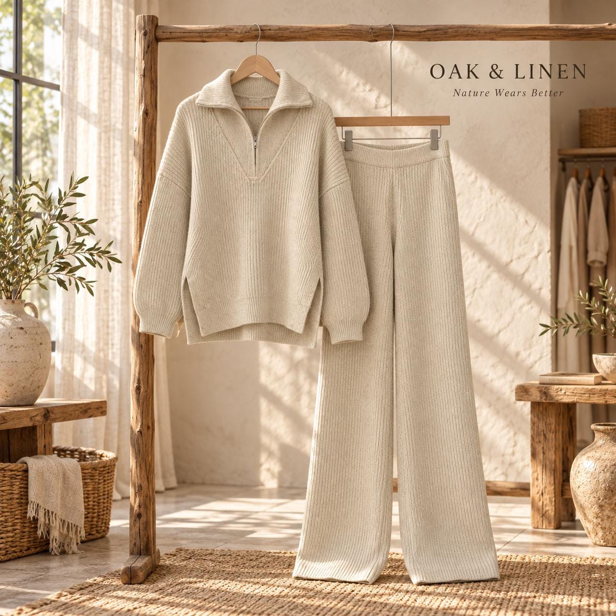 Women's Ribbed Knit Lounge Set, Half-Zip Sweater and Wide Leg Pants, Two Piece Outfit
