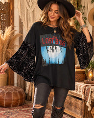 Vampires Graphic Tee with Velvet Burnout Sleeves