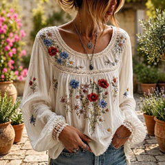 Boho Floral Peasant Blouse for Women, Relaxed Fit Long Sleeve Top