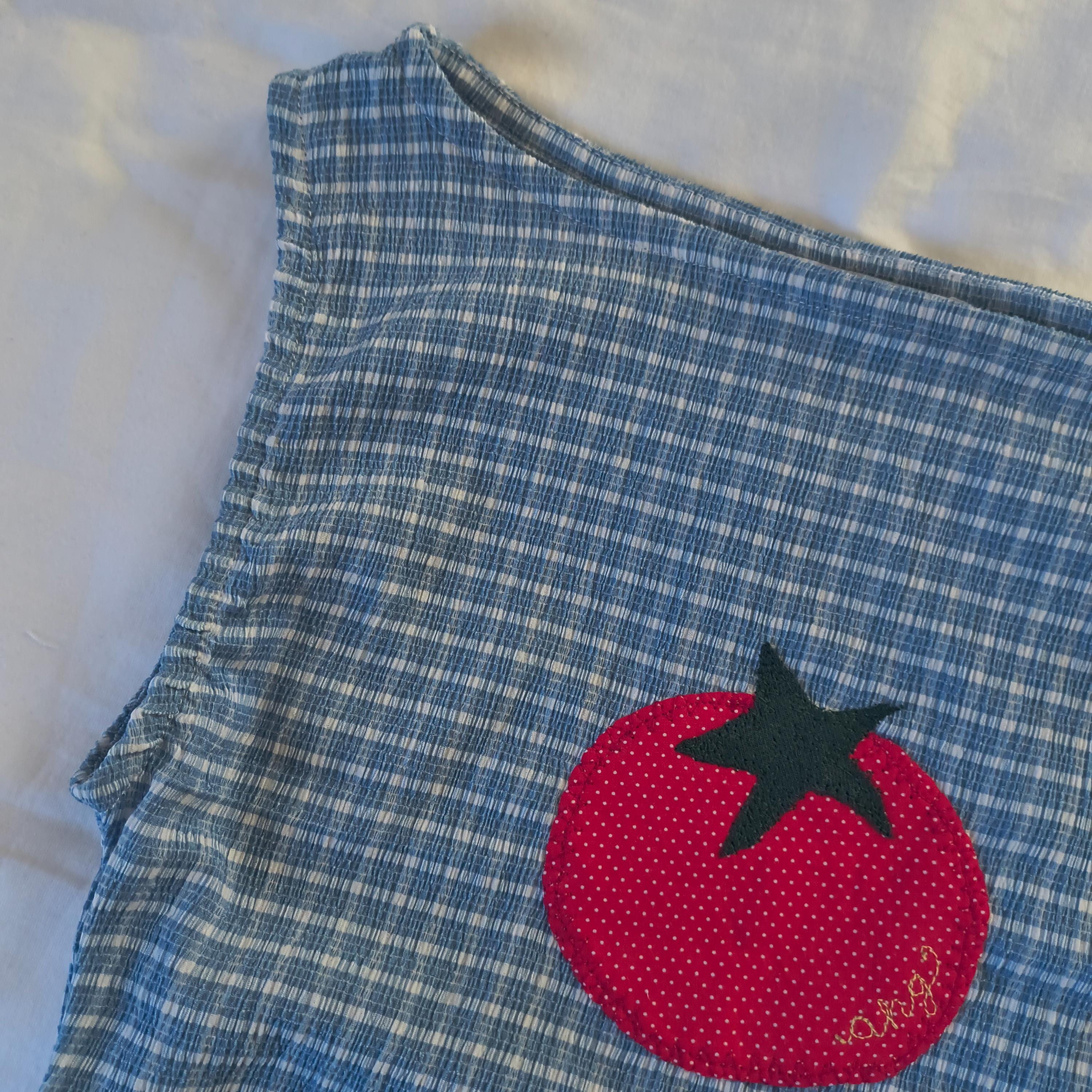 Upcycled Patchwork Cropped Tank Top, Blue, Applique, Plaid, Gingham, Size Small