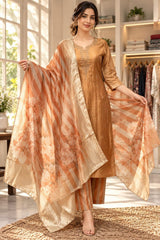 Golden Ochre Crush Tissue 3-Piece Suit Set with Handwork Kurta and Floral Dupatta
