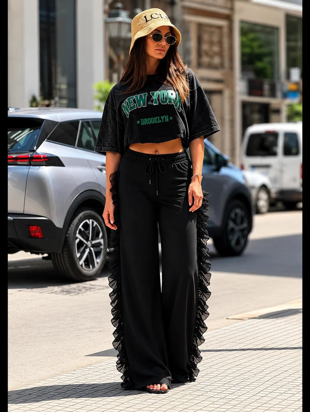 Black Souffle Ruffle Pants, Wide Leg Cotton Sweatpants