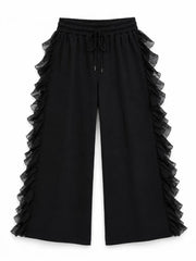 Black Souffle Ruffle Pants, Wide Leg Cotton Sweatpants