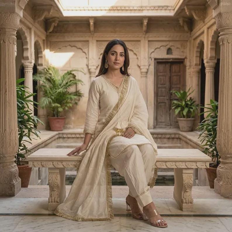 Ivory Salwar Suit Set, 3 Piece Indian Kurta Set with Gold Trim, Matching Trousers and Dupatta