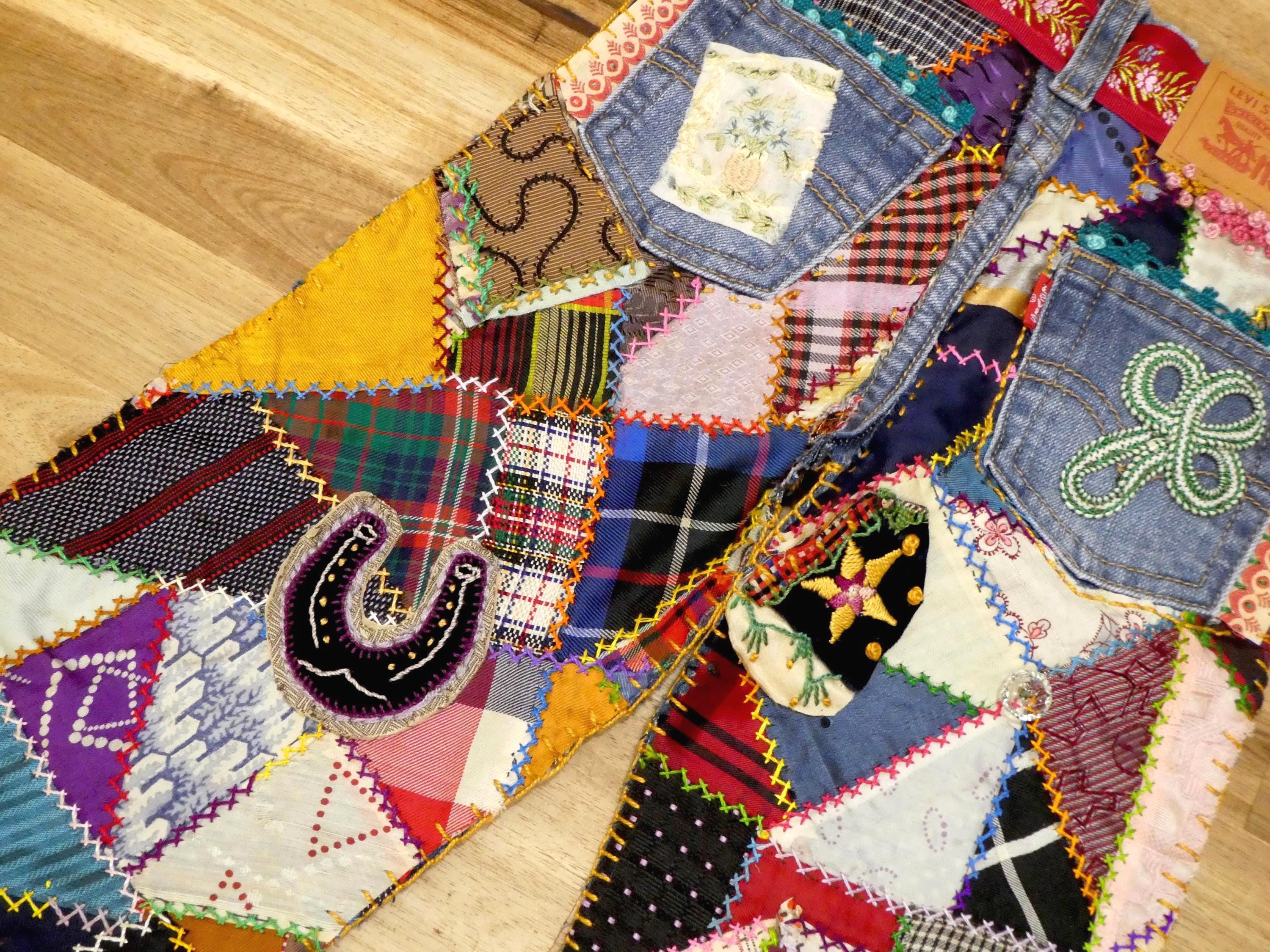 Baby Jeans Wall Art with Crazy Quilt Pieces and Glass Buttons