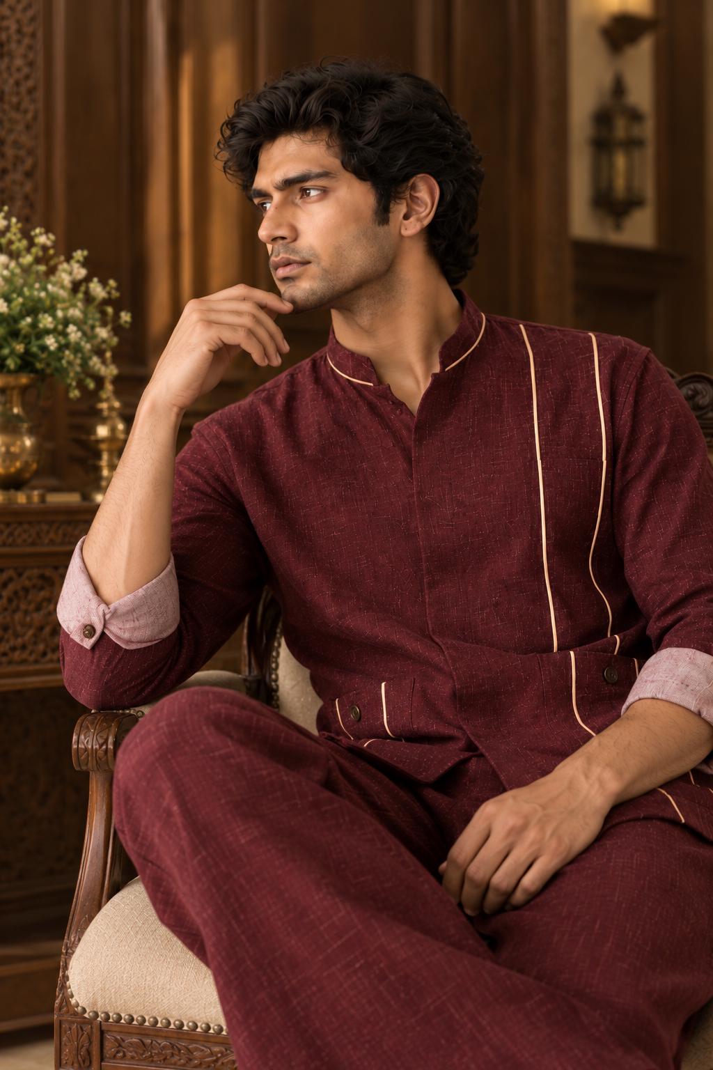 Men's Linen Co-Ord Set with Woven Tape Detail Shirt & Tailored Pants, Relaxed Casual Streetwear Outfit