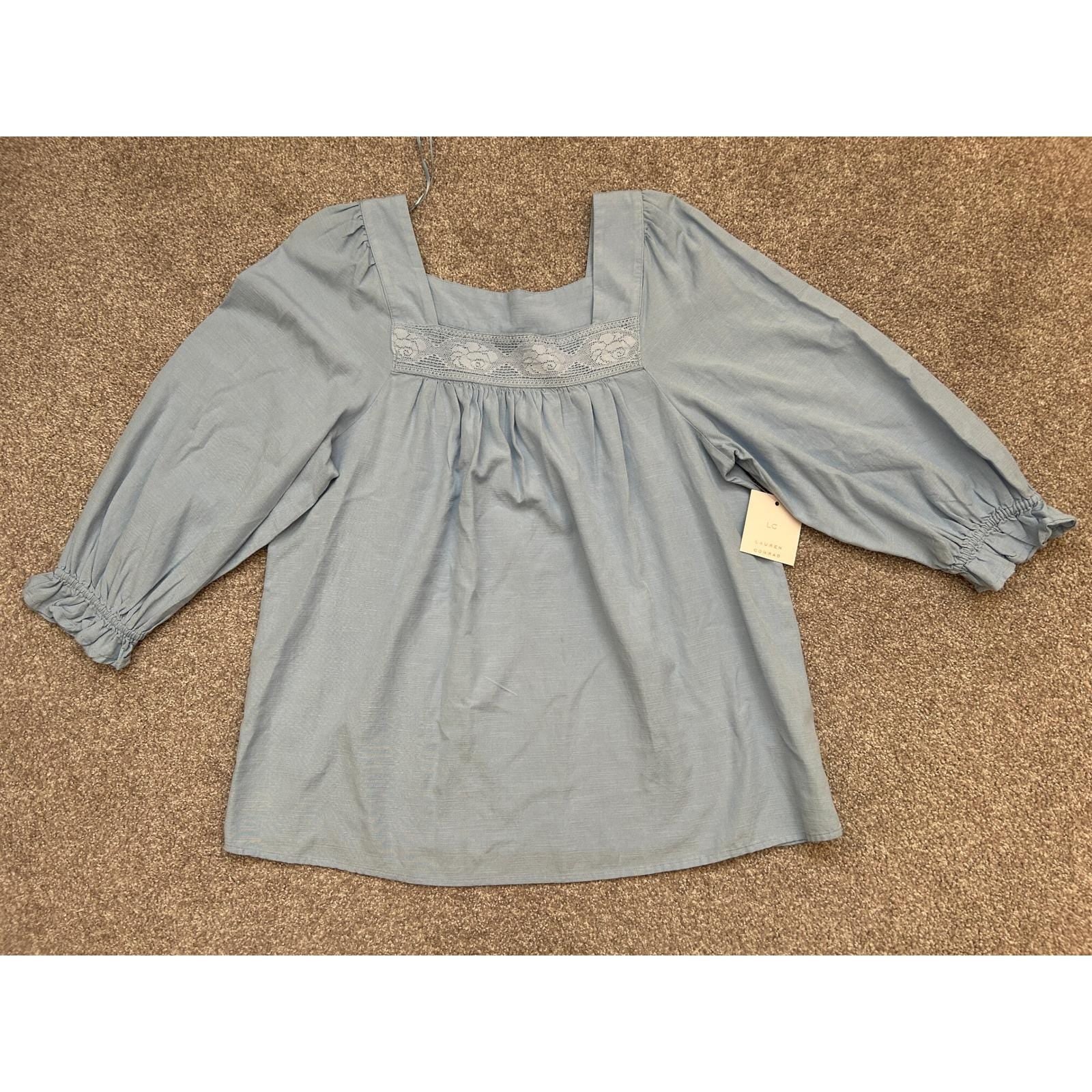 LC Lauren Conrad Women's Small Blue Lace Square Neck Balloon Sleeve Blouse