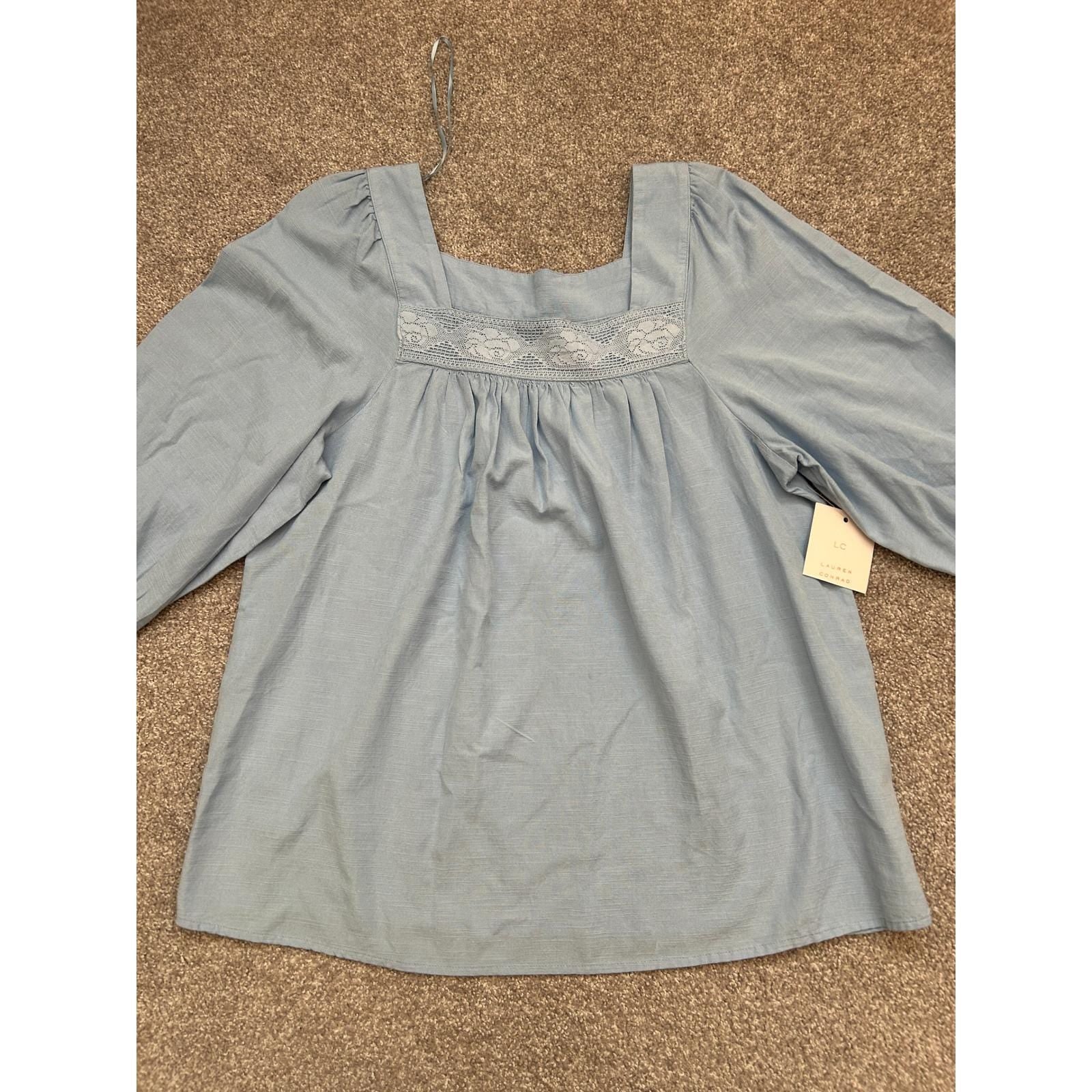 LC Lauren Conrad Women's Small Blue Lace Square Neck Balloon Sleeve Blouse