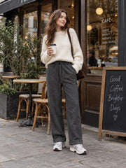 Plaid Wool Pants, Elastic Waist Wool Trousers, Relaxed Straight Leg Pants, Wool Blend Fall Winter Pants for Women